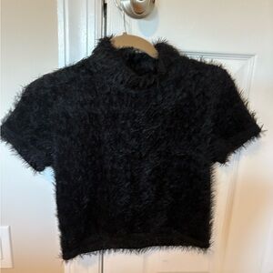 Black Fuzzy Short Sleeve Top juniors size large runs small